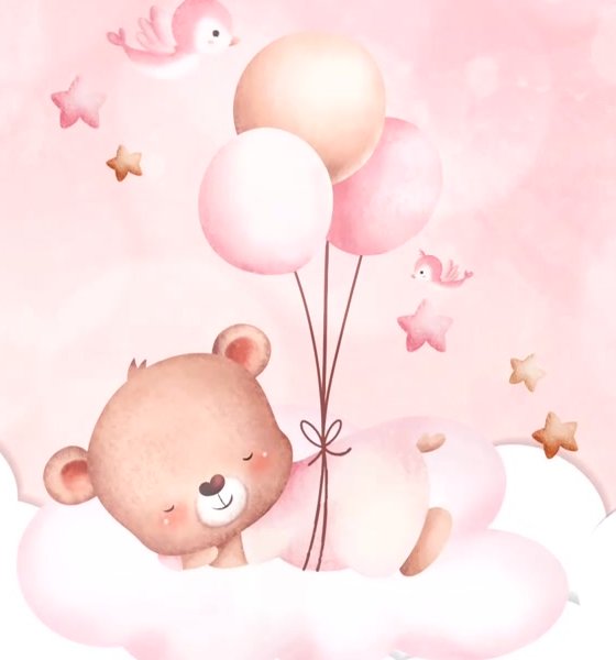 Osita durmiendo con globos rosas